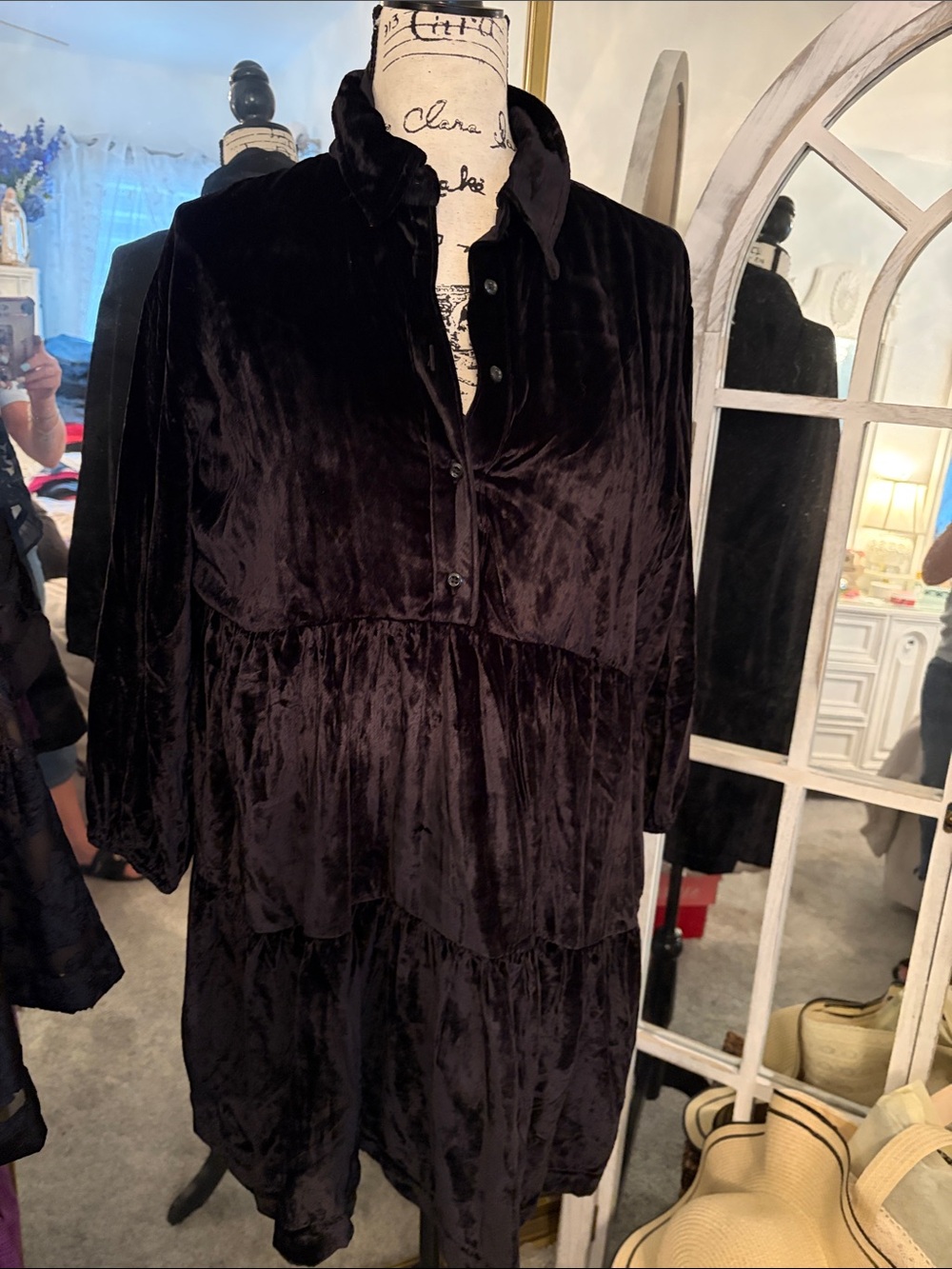 Anthropologie Velvet Tiered Tunic Dress in Deep Brown-Black